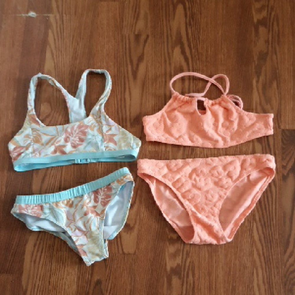 Zara Girls Two-Piece Swim Sets in Light Blue Floral and Coral Peach